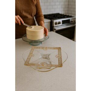 Ovington’s Alhambra Glass Cake Pedestal Platter Gold Floral Inlay Elegant Shape